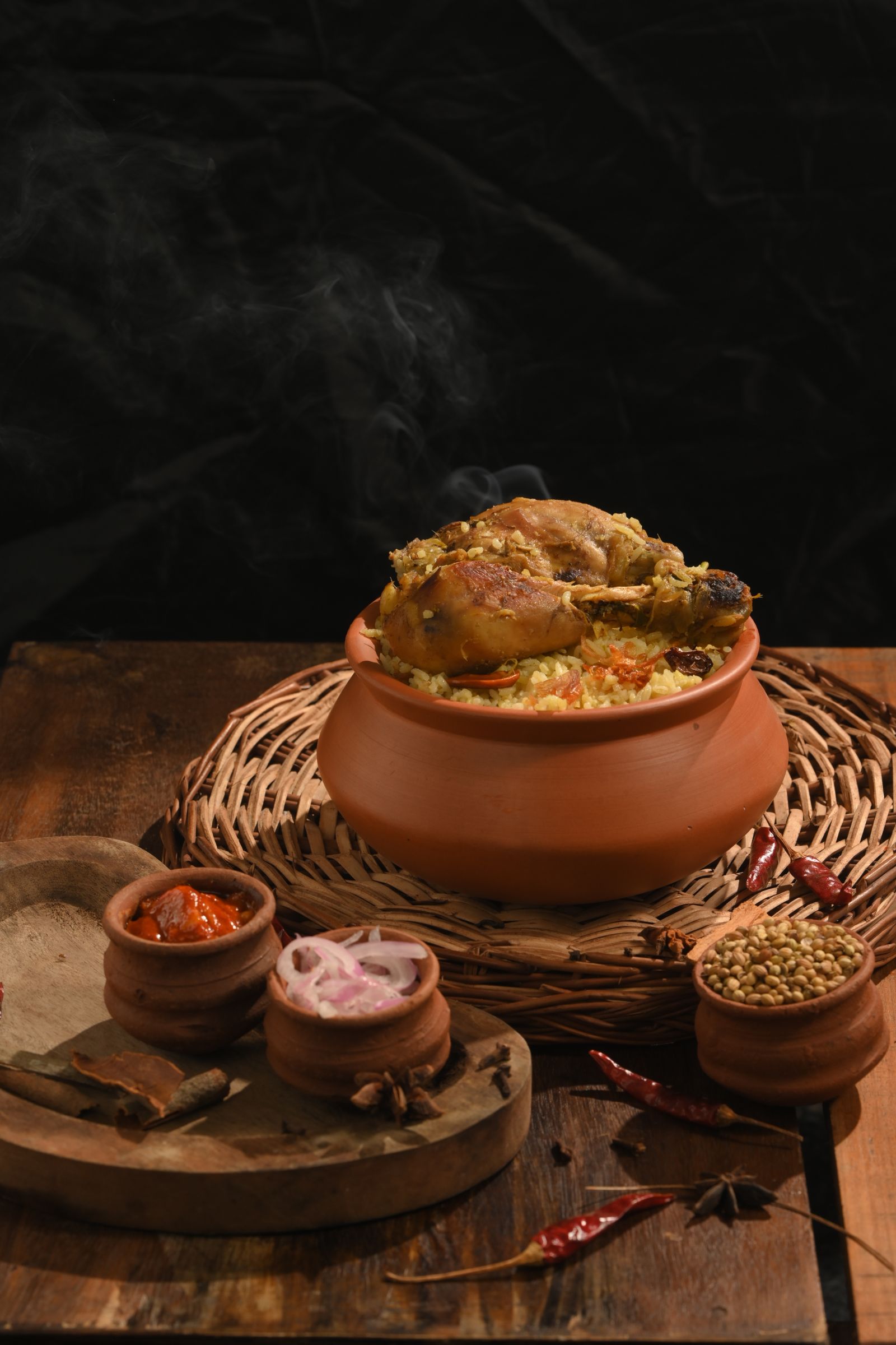 Real food photograph of Kerala-style chicken biriyani served in a traditional clay handi